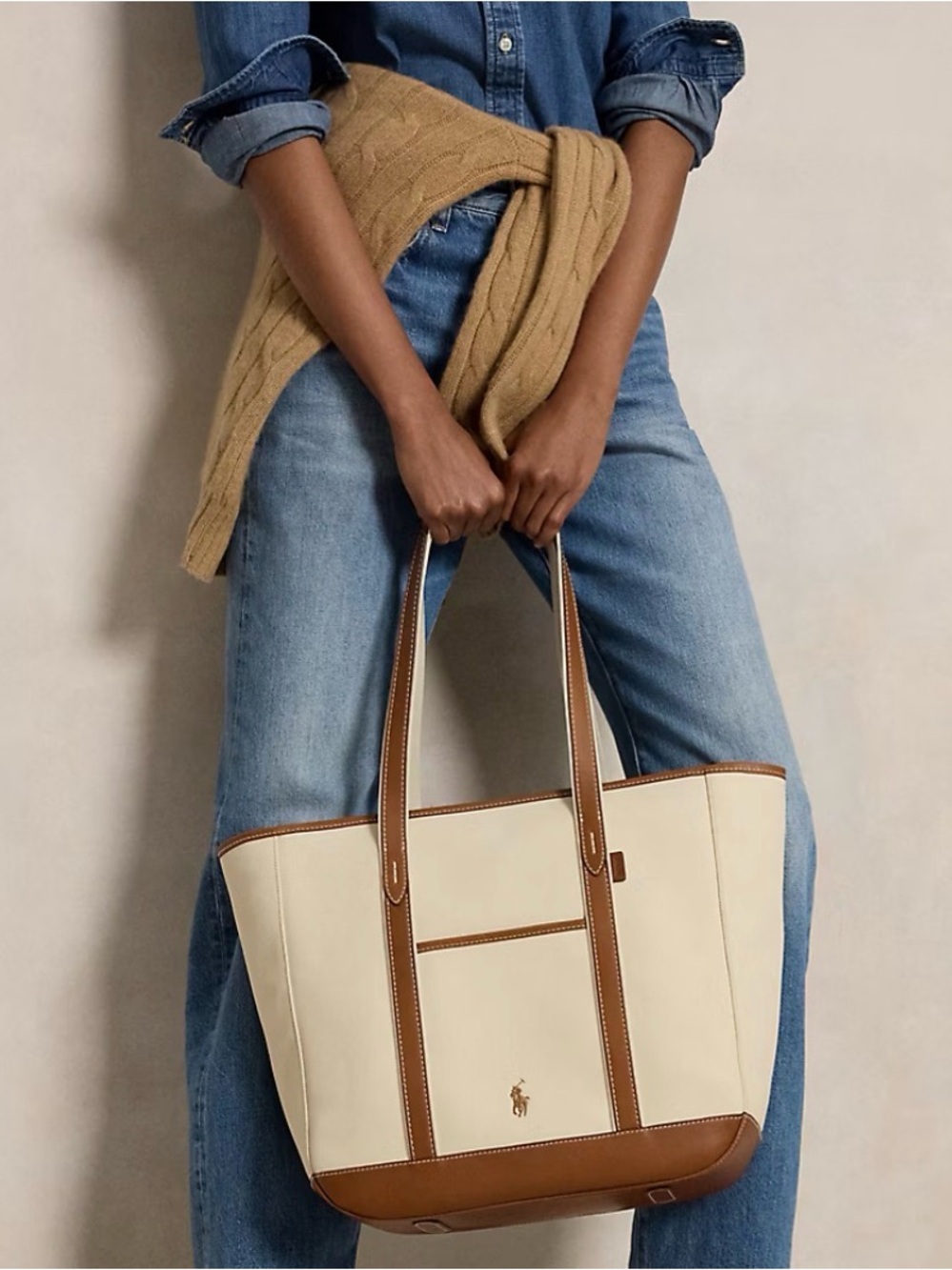Polo by Ralph Lauren Cream & Brown Leather-Trim Canvas Tote NWT